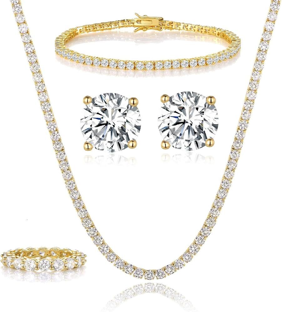 18K Yellow Gold Plated Tennis Necklace/Bracelet/Earrings/Band Ring Sets Pack of 4 | Amazon (US)