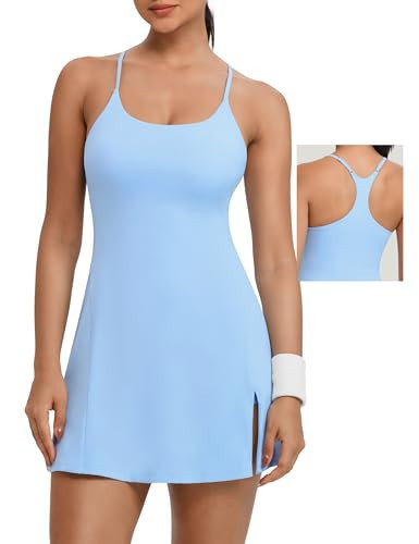 TQD Tennis Athletic Dress for Women U Neck Golf Dress with Built in Shorts and Bra Racerback Straps Side Slit Workout Active Dresses Sky S | Amazon (US)