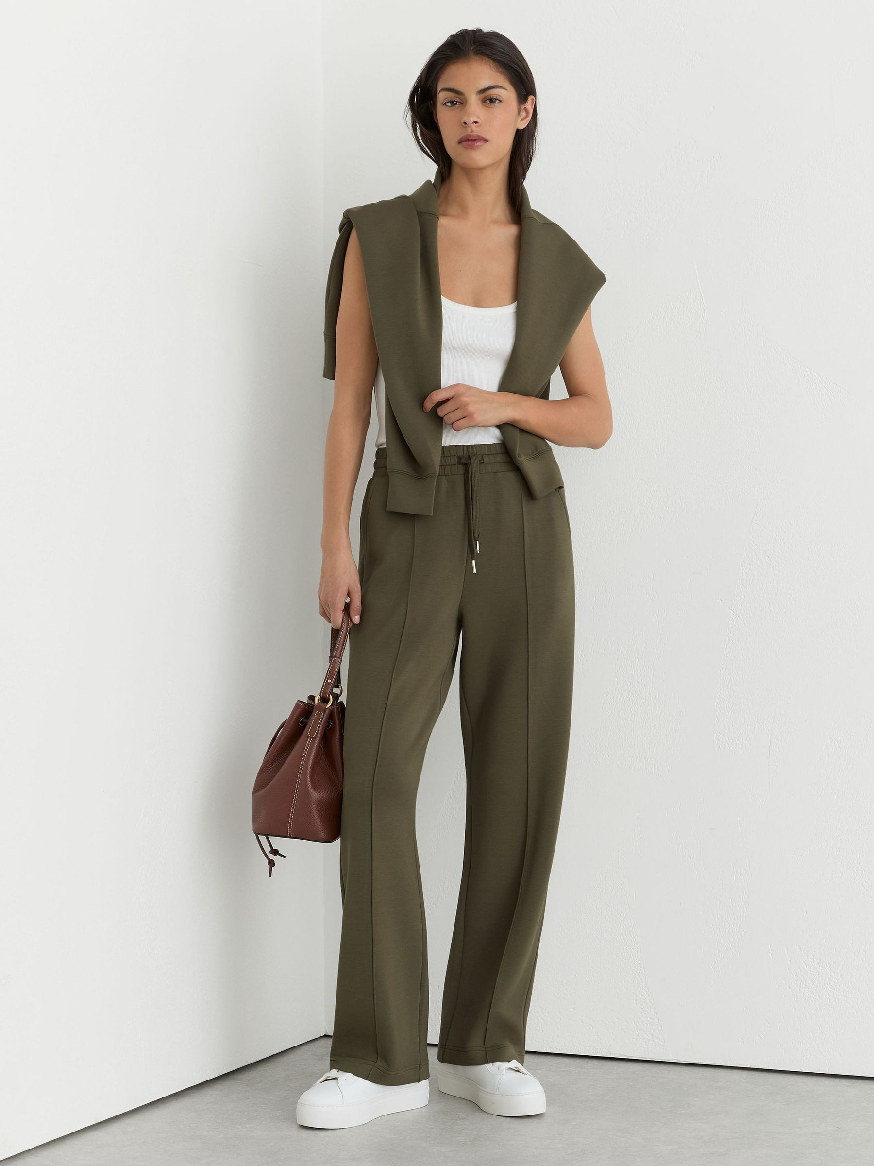 Reiss Premium Interlock Wide-Leg Joggers in Khaki Green - REISS | Reiss UK