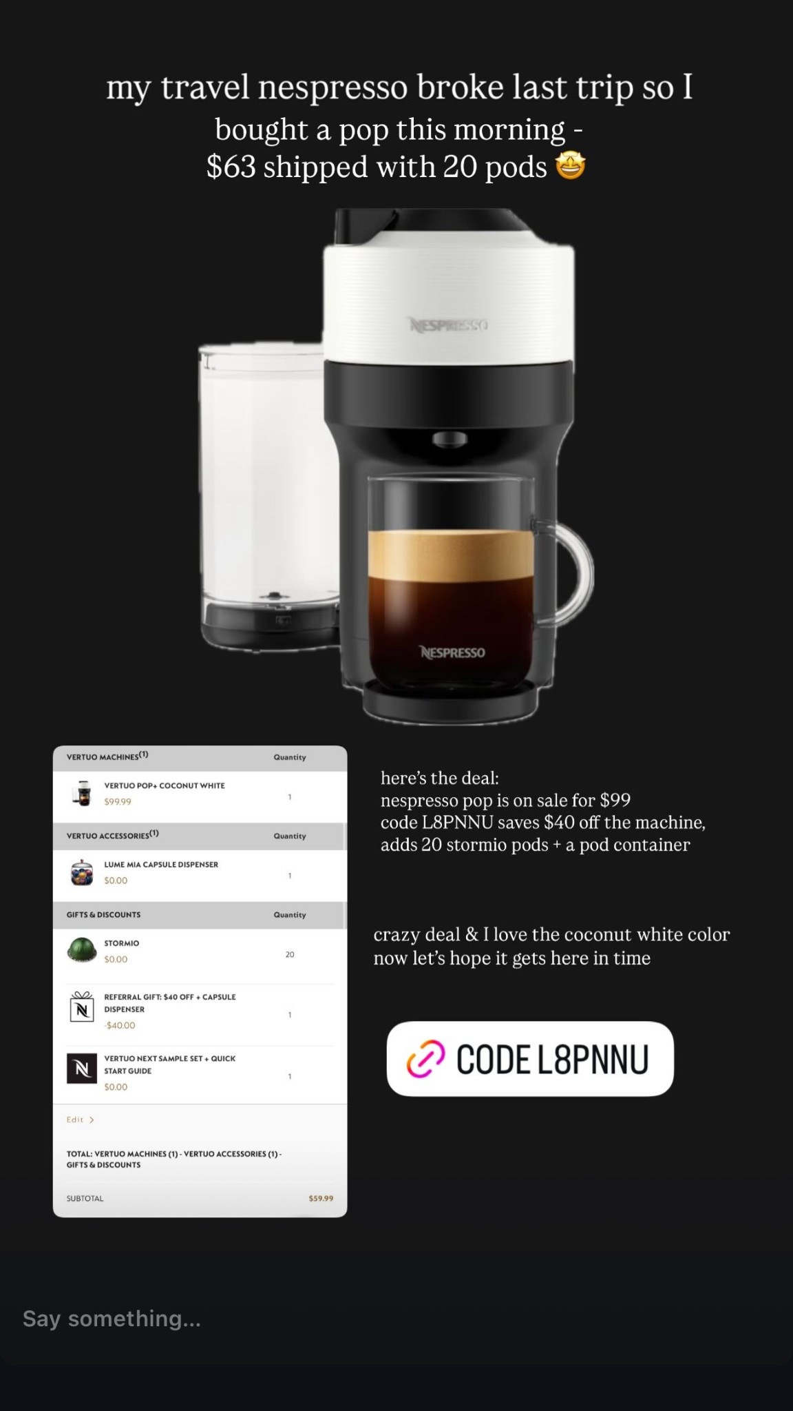Nespresso deal!! Pop machine + 20 pods + pod container for $63?! Insane!! 

Use code L8PNNU to save $40!

#LTKSaleAlert #LTKFindsUnder100 #LTKFamily