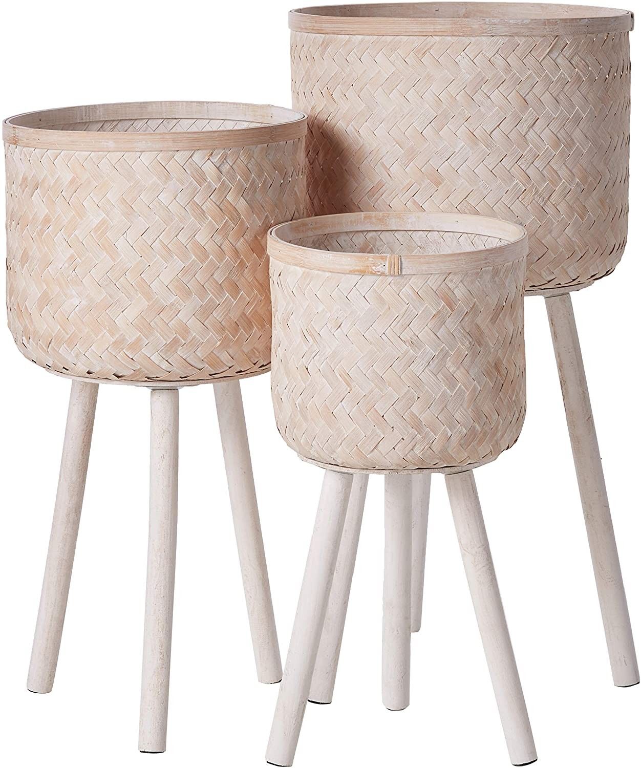Bloomingville Set of 3 Round Bamboo Floor Baskets with Wood Legs, Brown | Amazon (US)