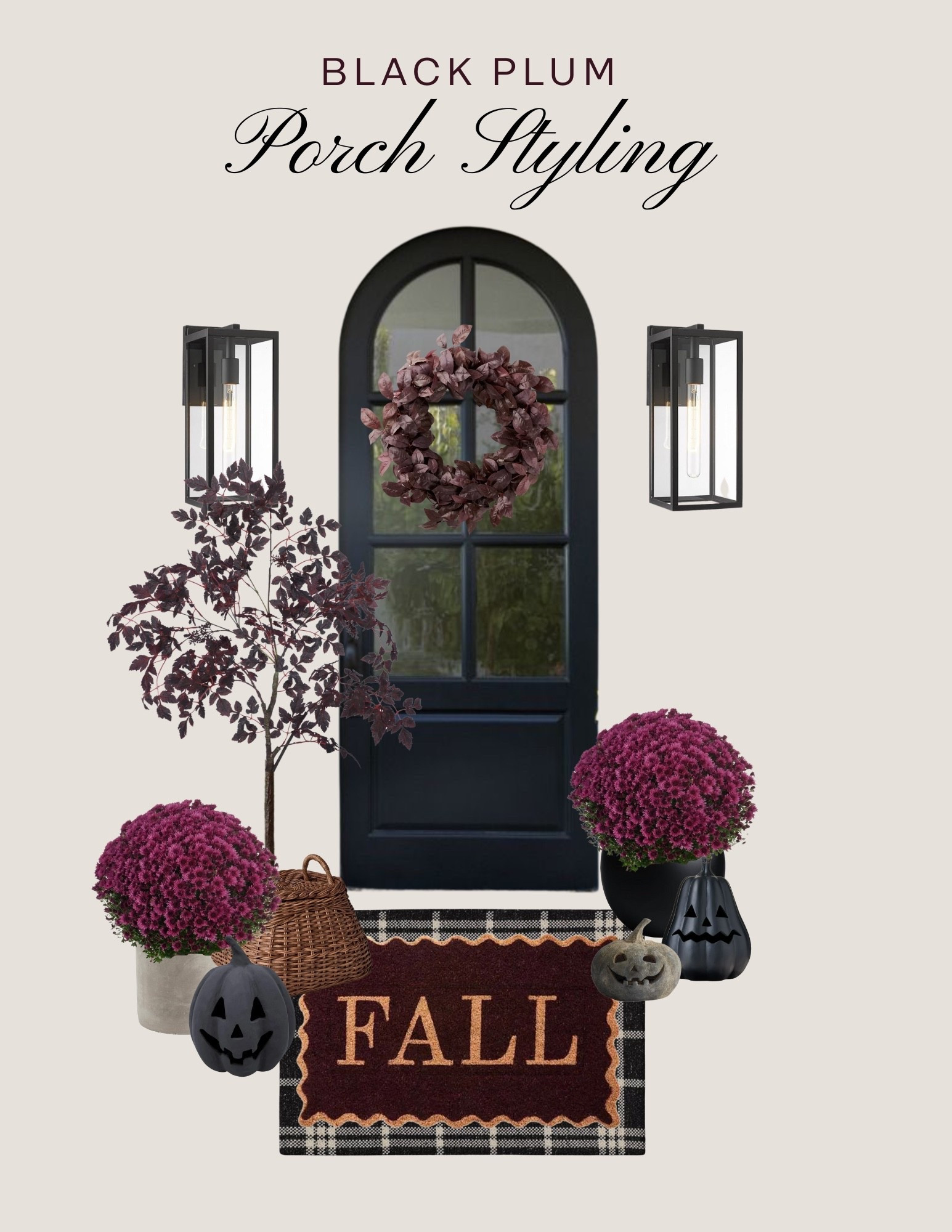 Deep plum mums, layered doormats, and matte black lanterns make this Black Plum Porch the ultimate fall upgrade. Mixing moody tones with timeless textures for that “modern autumn” vibe everyone’s pinning this season 🤎

✨ Shop the look: fall wreath, fluted lanterns, plaid mat & planters linked on my LTK!

#FallPorchDecor #FrontPorchGoals #PorchStyling #BlackPlum #FallHomeDecor #ModernFallStyle #CozyChic #PorchInspo #LTKHome #FallVibes

#LTKHalloween #LTKSeasonal #LTKHome