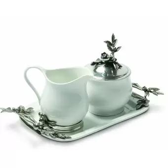 White Majestic Forest Stoneware Pewter Acorn and Oak Leaf Sugar and Creamer Set | Wayfair North America