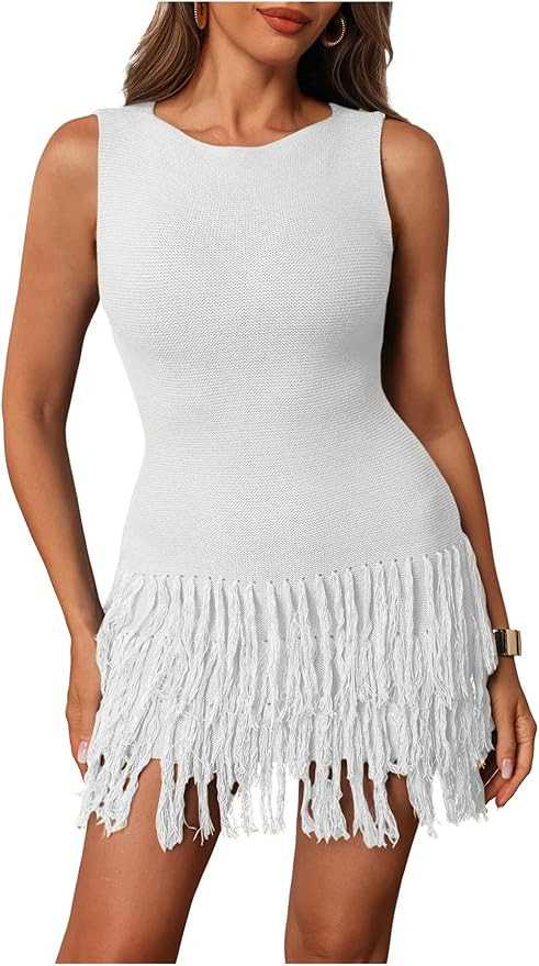 Women's Fringe Sleeveless Mini Dress Crew Neck Bodycon Knit Party Club Dresses | Amazon (US)