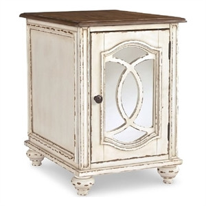 Pemberly Row Mirrored Storage End Table in Chipped White/Brown | Homesquare