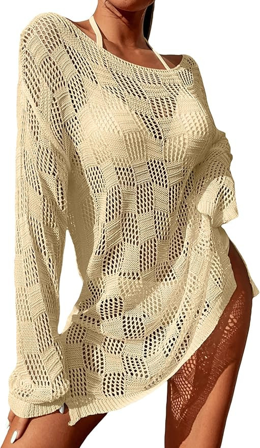 SheIn Women's Crochet Hollow Out Split Beach Cover Up Dress Long Sleeve Swimwear Knitted Beach Dr... | Amazon (US)