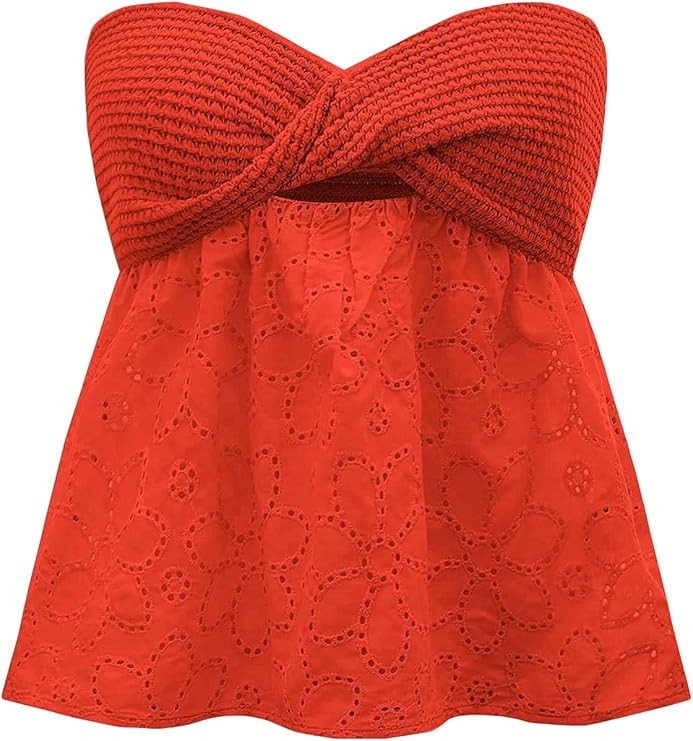 GORGLITTER Women's Flowy Tube Top Twist Front Cut Out Eyelet Strapless Embroidery Bandeau | Amazon (US)