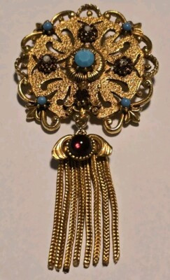 Vintage Signed Florenza Renaissance Goldtone Tassel Brooch Pin Red & Teal Stones | eBay US