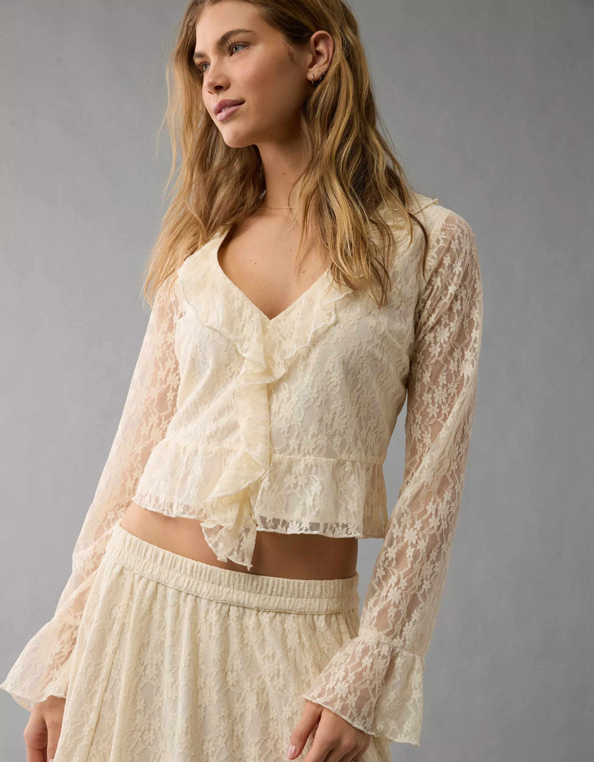AE Lace Bell Sleeve Ruffle Blouse | American Eagle Outfitters (US & CA)
