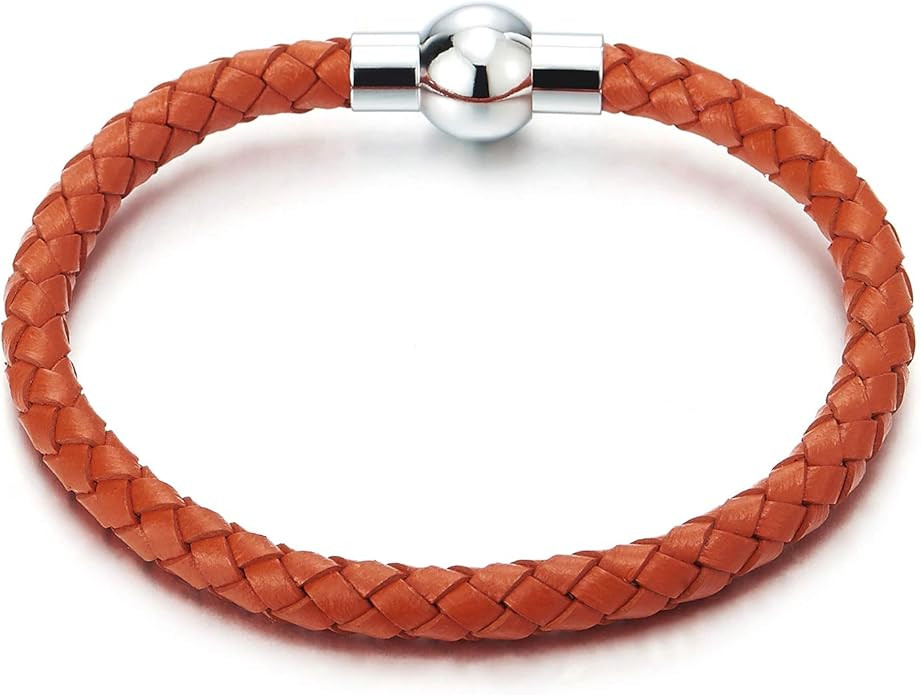 COOLSTEELANDBEYOND Orange Braided Leather Bracelet Genuine Leather Bangle Wristband with Magnetic... | Amazon (US)