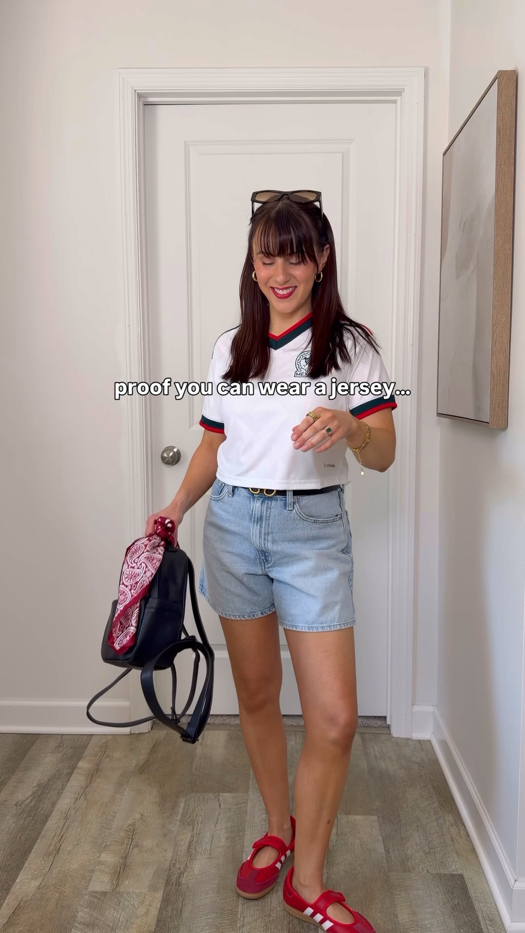 World Cup outfit and an easy way to style up any jersey for this summer! Would be a cute outfit for a baseball game too just swap out the jersey! 👏🏼 wearing s, 27 shorts, size down .5 in shoes. Lipstick is shade “red for me"

#LTKgrwm #LTKPetite #LTKSeasonal