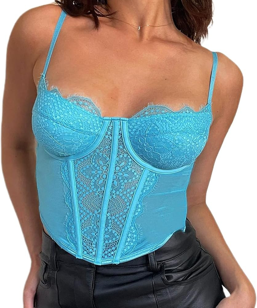 Women Sexy Lace Corset Crop Top Y2K Sleeveless Spaghetti Strap Cami Tanks Push Up Bustiers Corsets C | Amazon (US)