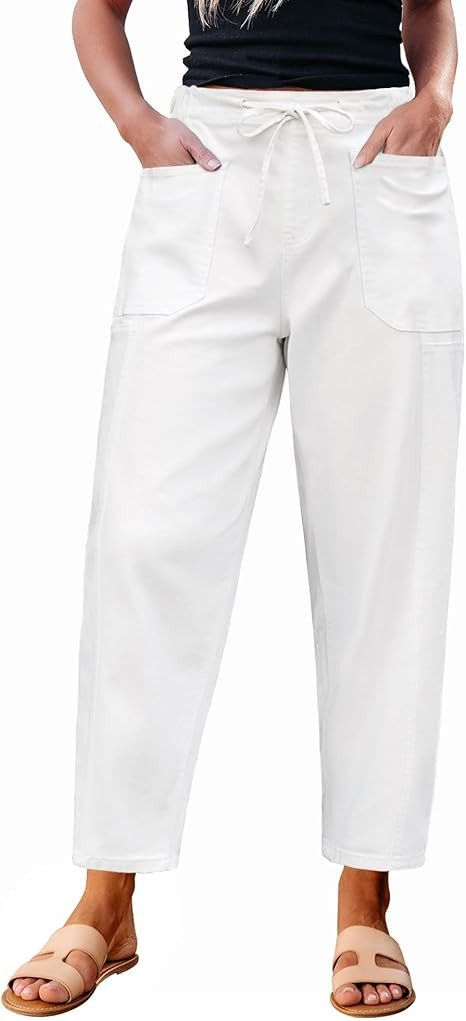 luvamia Barrel Jeans Women Trendy High Waisted Pull On Drawstring Elastic Waist Stretchy Denim Ba... | Amazon (US)