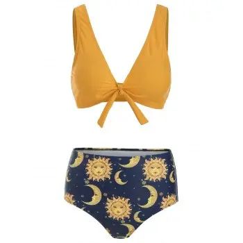 Knot Plunge Sun Star Moon Tankini Swimsuit | Dresslily US