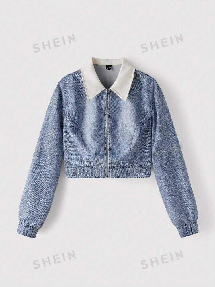 SHEIN MOD Women's Denim Effect Print, Contrast Collar Zip Up Long Sleeve Jacket,Nashville Outfits... | SHEIN