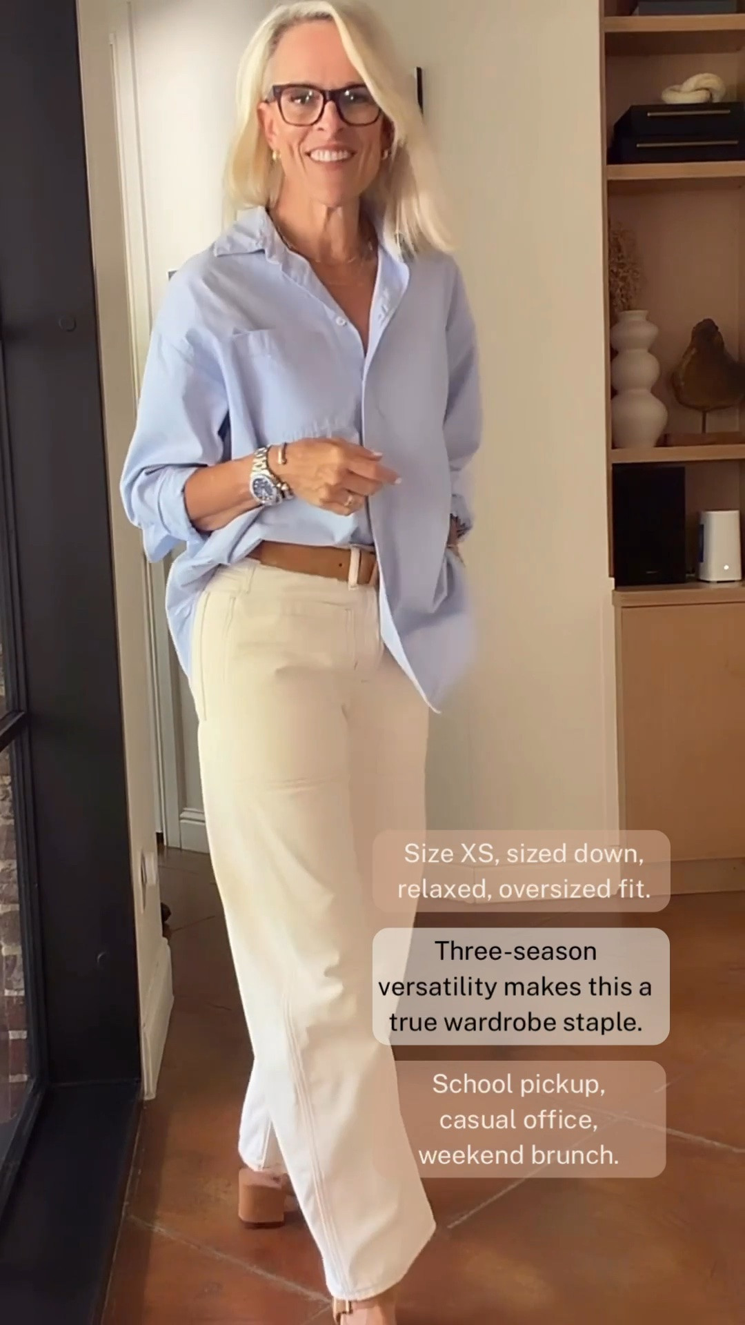 This light blue button-up has been a staple in my closet for three seasons now, and I love how many ways you can wear it. I’m wearing an XS (I sized down), and it works with leggings, denim, or layered open over a tank. I styled it here with a relaxed one-side tuck and rolled sleeves, but you can fully tuck it or leave it untucked.

#LTKootd #LTKOver40 #LTKTravel