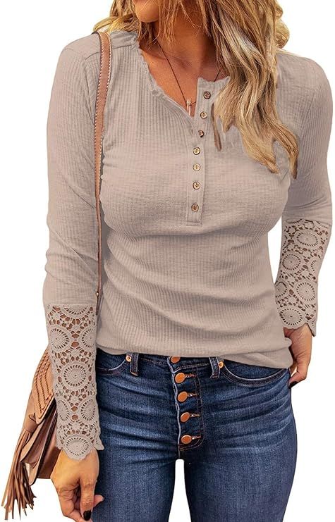 LOLONG Womens Henley V Neck T-Shirt Long Sleeve Lace Button Down Blouse Ribbed Slim-Fit Top | Amazon (US)