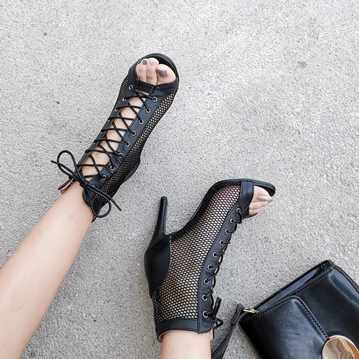 Pmoiste Summer Mesh Booties for Women High Heel Sandals Peep Toe Lace Up Sexy Stiletto Heels Danc... | Walmart (US)