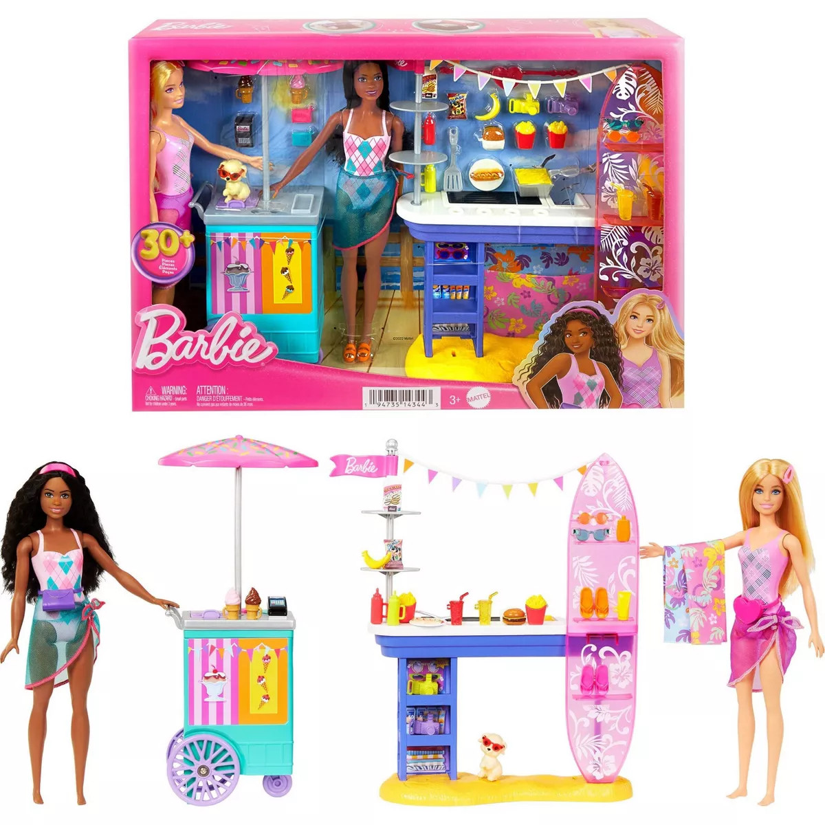 Barbie Beach Boardwalk Playset with Barbie Brooklyn & Malibu Dolls, 2 Stands & 30+ Accessories | Target