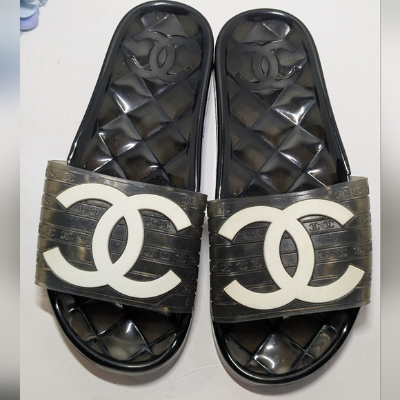 CHANEL Monochrome Logo Slide black jelly Sandals Sz 37-38 Euro | Poshmark