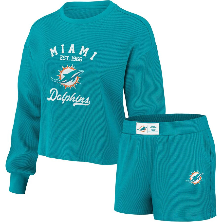 Miami Dolphins WEAR by Erin Andrews Women's Waffle Knit Long Sleeve T-Shirt & Shorts Lounge Set -... | Fanatics