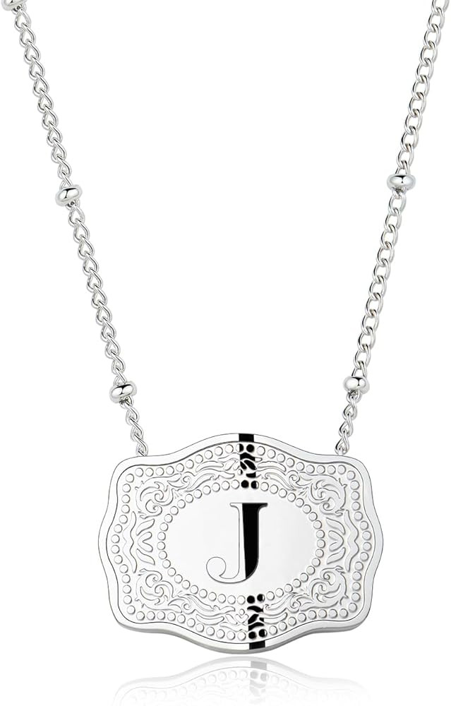 Rhodium-Plated Initial Letter Pendant Necklace with Embossed Belt Buckle, Free Chain Included, Pe... | Amazon (US)