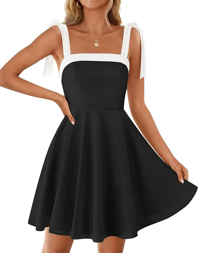ZESICA Womens Summer Sleeveless Mini Dress Tie Shoulder Square Neck High Waist Swing A Line Short... | Amazon (US)