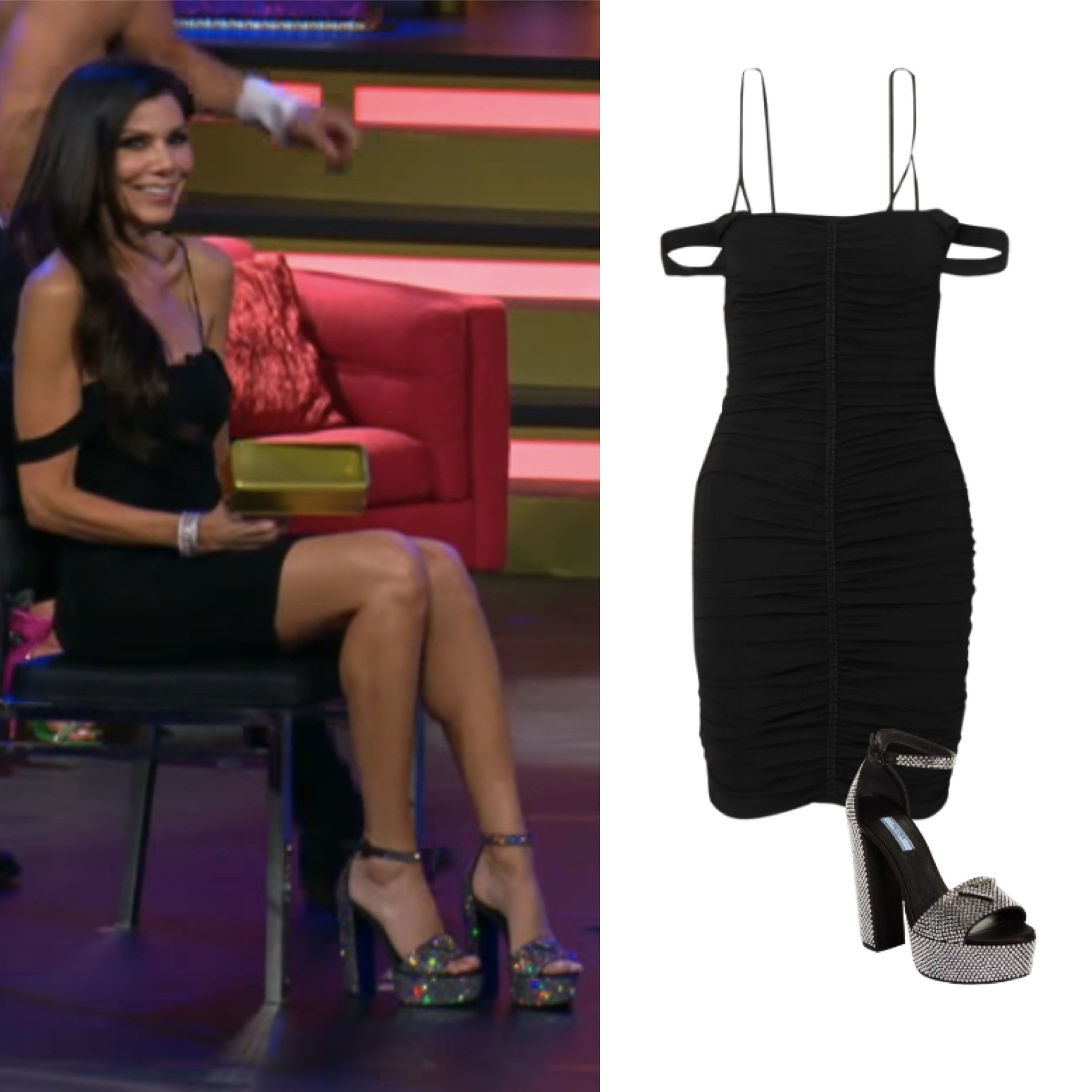 Heather Dubrow’s Black Ruched Off the Shoulder Dress + Embellished Platform Sandals at #BravoCon2023