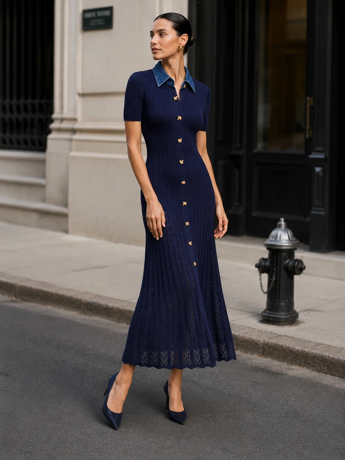 Denim Collar Ribbed Knit Maxi Dress | Commense
