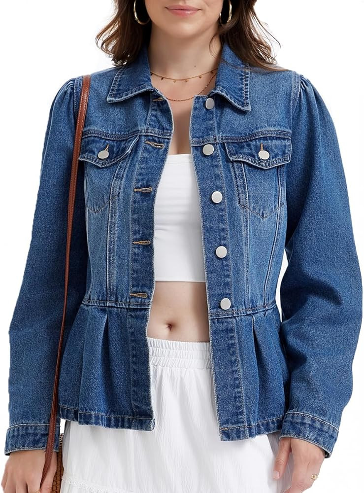 J.Corrine Womens Denim Jacket Peplum Ruffle Hem Jeans Jacket Button Down Casual Trendy Puff long ... | Amazon (US)