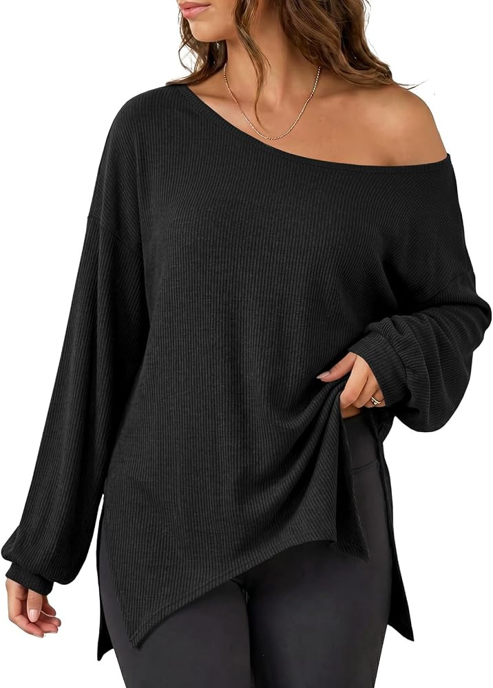 Fisoew Womens Off the Shoulder Tops Oversized Long Sleeve Ribbed Knit Pullover Sweatshirts Casual... | Amazon (US)