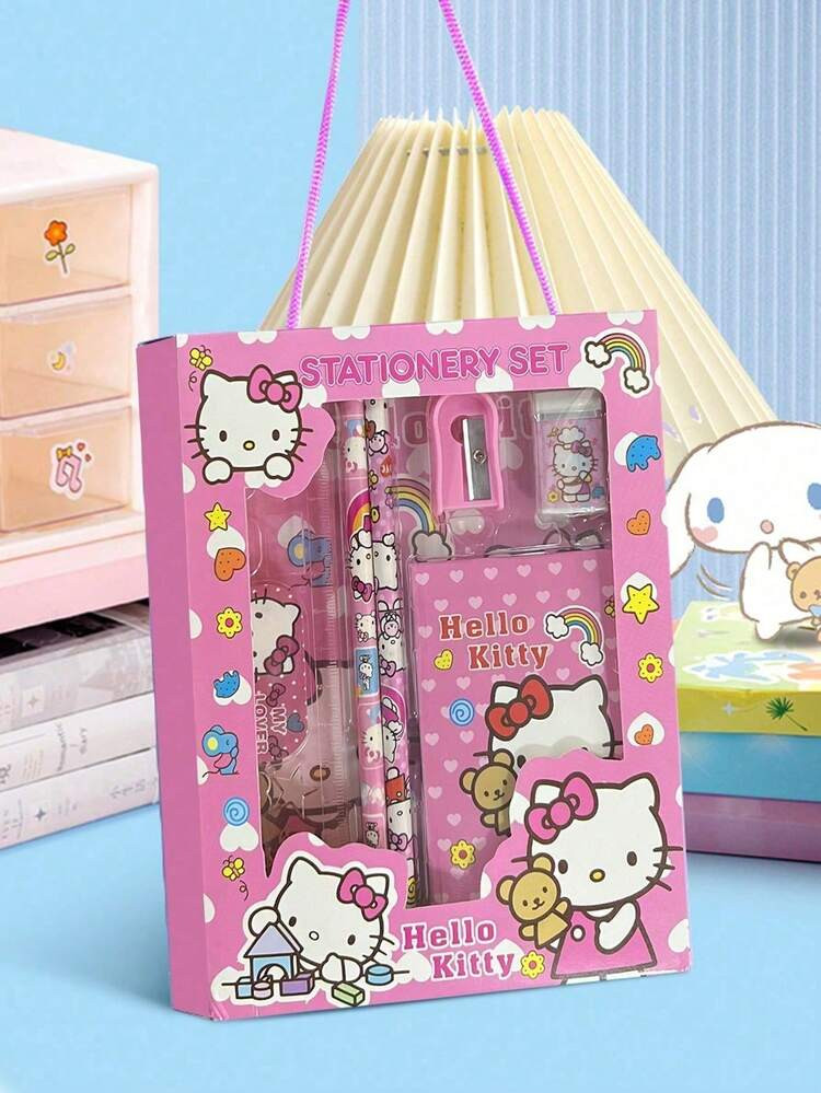 6pcs/Set Hello Kitty Cartoon Ruler, Pencil Sharpener, Eraser, Notebook Stationery Set, Creative D... | SHEIN