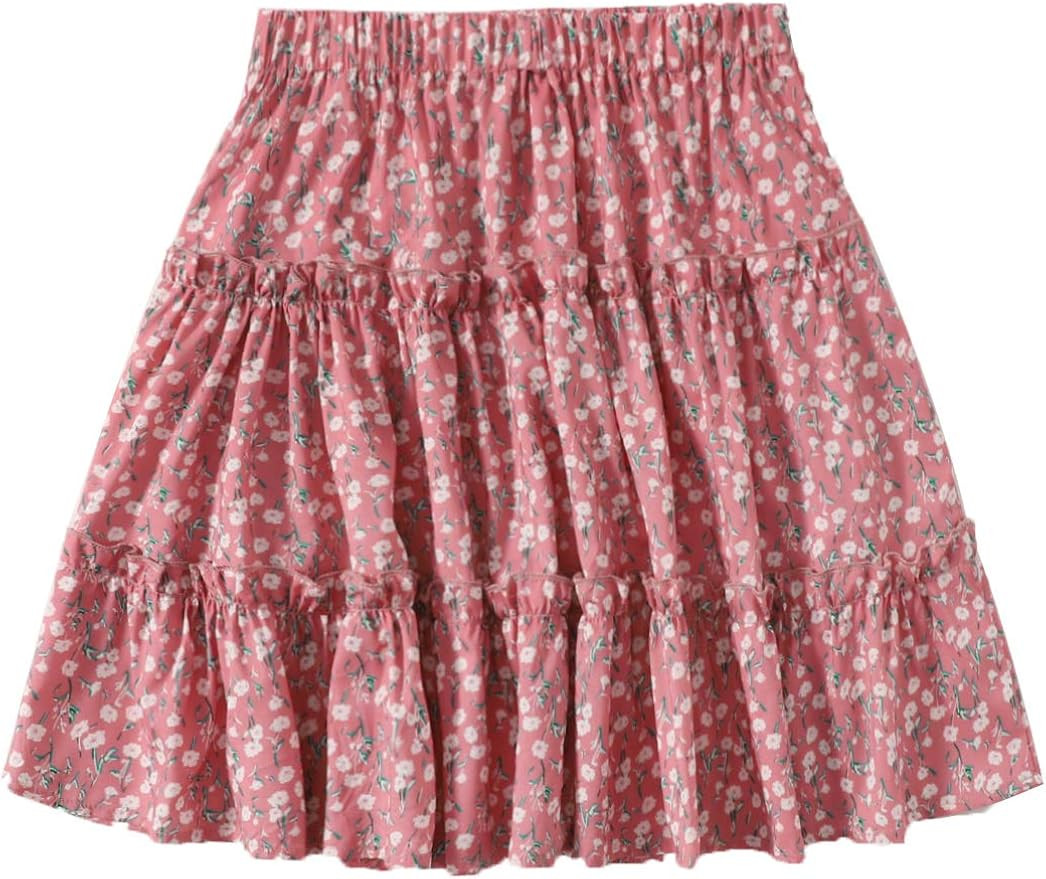 SheIn Women's Boho Floral Print Layered Frill Trim Ditsy Mini Short Flared Skirt | Amazon (US)