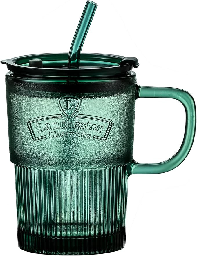 Glass Tumbler with Straw and Lid, 14 OZ Portable Travel Water Bottle Glass Coffee Cups Smoothie C... | Amazon (US)