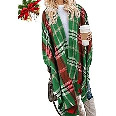 Bestshe Women's Boho Open Front Poncho Knitted Plaid Shawl Wrap Cape Tassel Cardigan Sweater | Amazon (US)