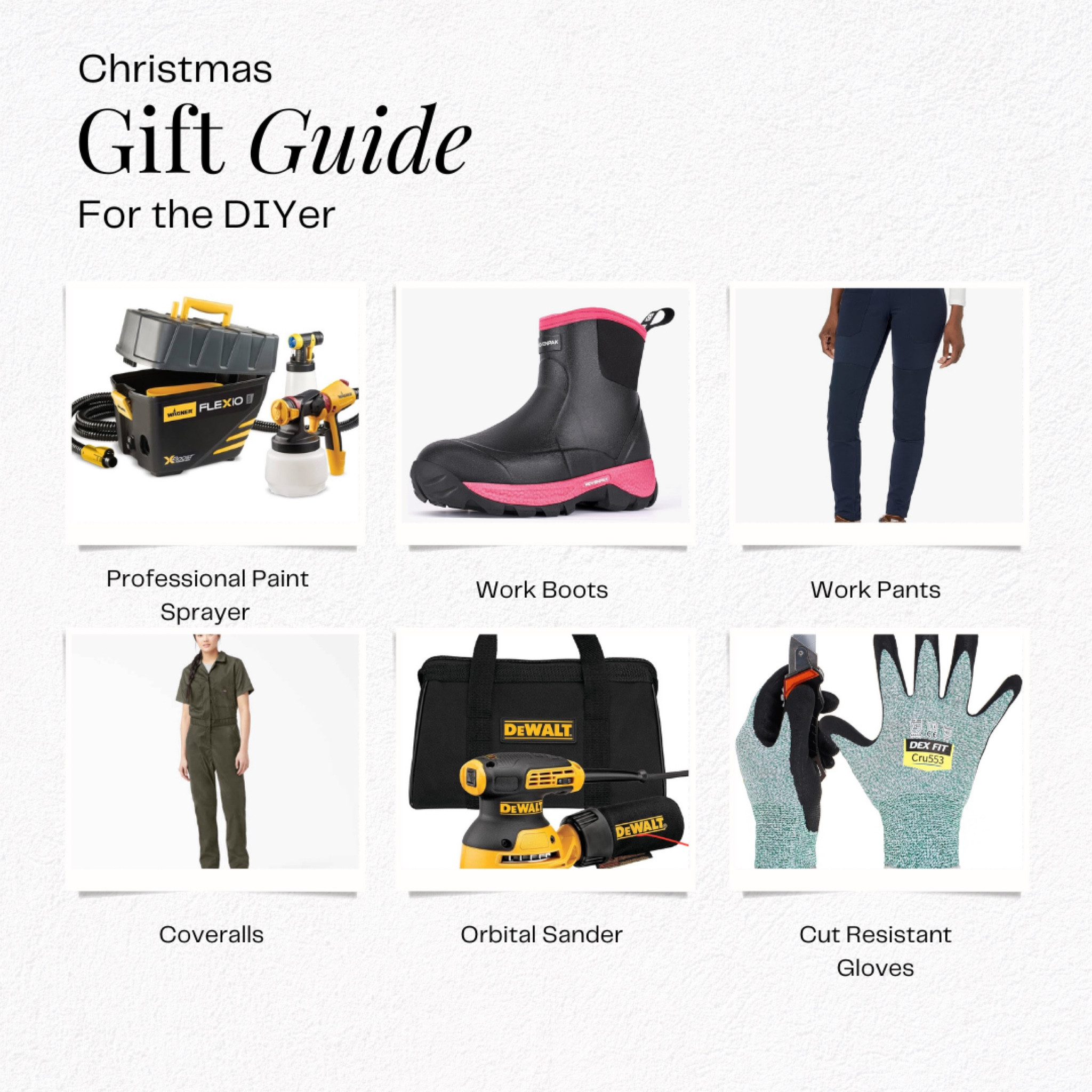 Gift Guide for the DIY Enthusiast: Find the perfect tools and gear for the hands-on creator in your life! This guide features essentials like a professional paint sprayer for seamless paint jobs, durable work boots for safety and comfort, and sturdy work pants. Coveralls add full-body protection, while an orbital sander is ideal for smooth finishes on wood or metal projects. Finally, cut-resistant gloves provide added protection during intricate work. Make their holiday season with gifts that empower their passion for crafting and building!

#LTKHoliday #LTKGiftGuide
