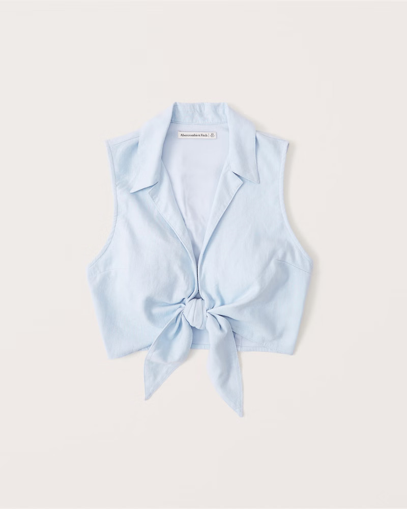 Women's Tie-Front Linen-Blend Top | Women's Matching Sets | Abercrombie.com | Abercrombie & Fitch (US)