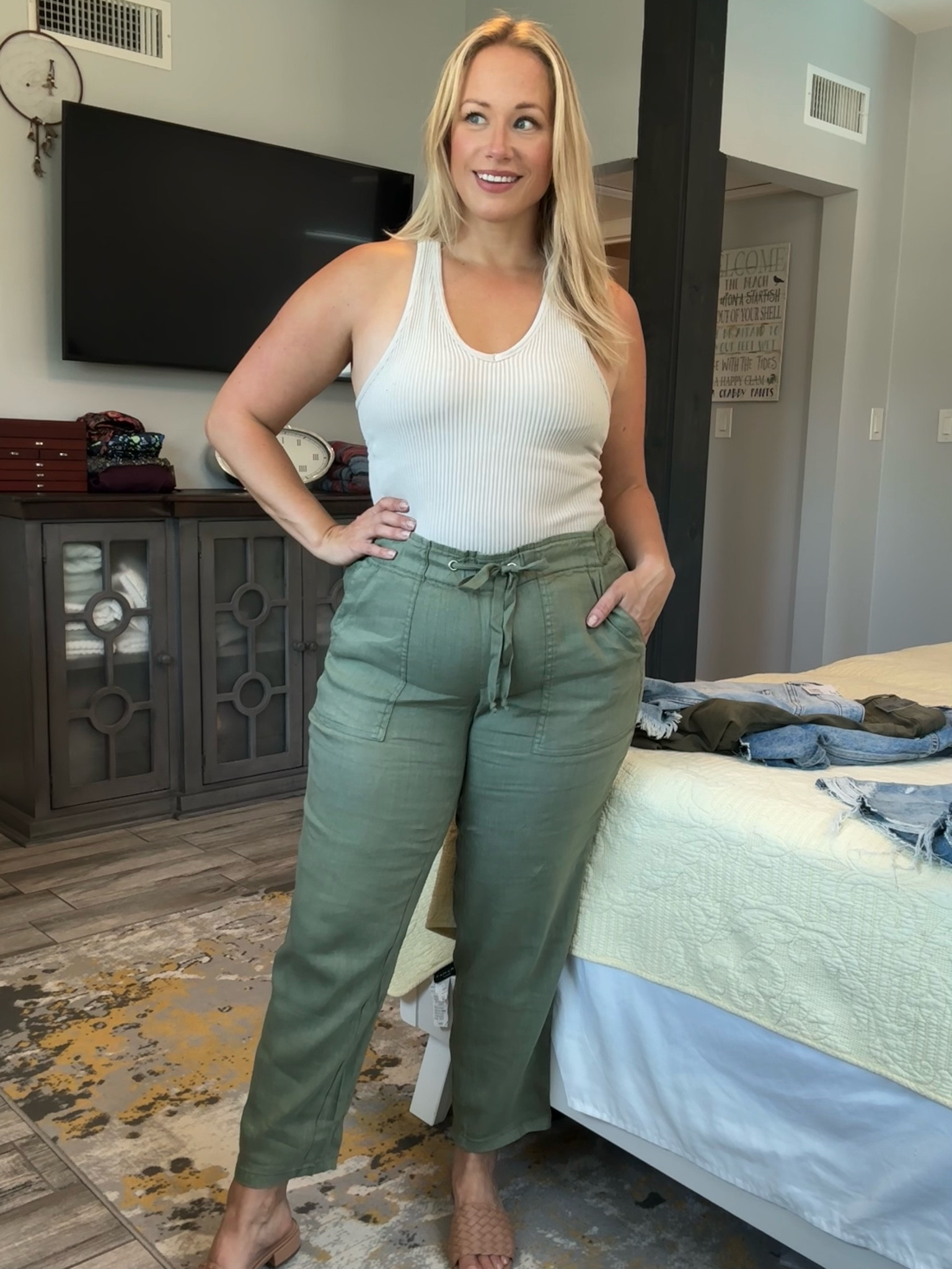 If you’re into linen you should try the Rosalie Drawstring Pant. They are so airy and lightweight to keep you cool in the summer and I love the casual relaxed fit with the elastic waistband, drawstring, and ankle grazing hem. I am wearing the color Fern in the size Large! They also have working Cargo pockets in the back with a button closure.

#LTKMidsize #LTKPlusSize #LTKStyleTip