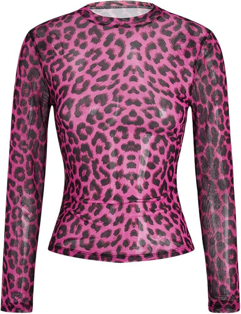 Verdusa Women's Cheetah Print Top Leopard Print Tops Mesh Y2k Mock Neck Long Sleeve Fitted T Shir... | Amazon (US)