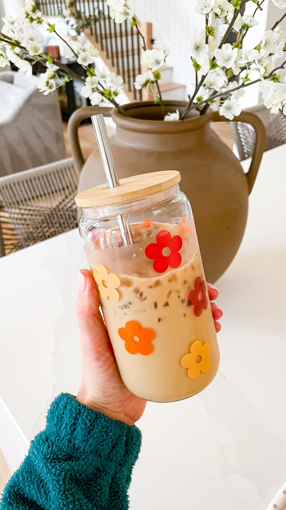  Coolife Floral Iced Coffee Cup, 16oz Drinking Glass