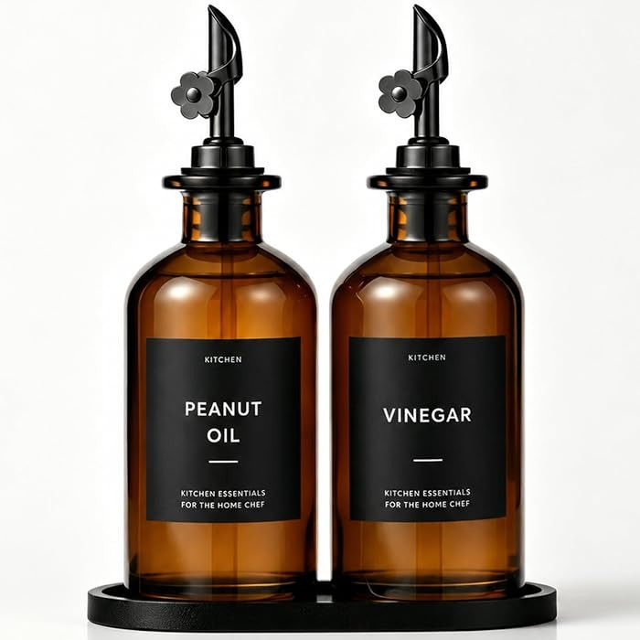 Olive Oil Dispenser for Kitchen, 2-Pack 12oz Glass Bottle with Black Labels | Amazon (US)
