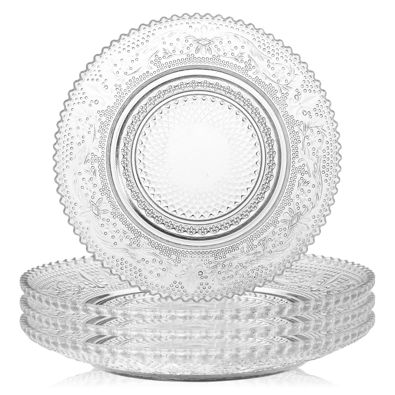 WHJY 6 Inch Clear Glass Plates 4 Pack Vintage Dinnerware Set Clear Floral Textured Dinner Plates ... | Amazon (US)