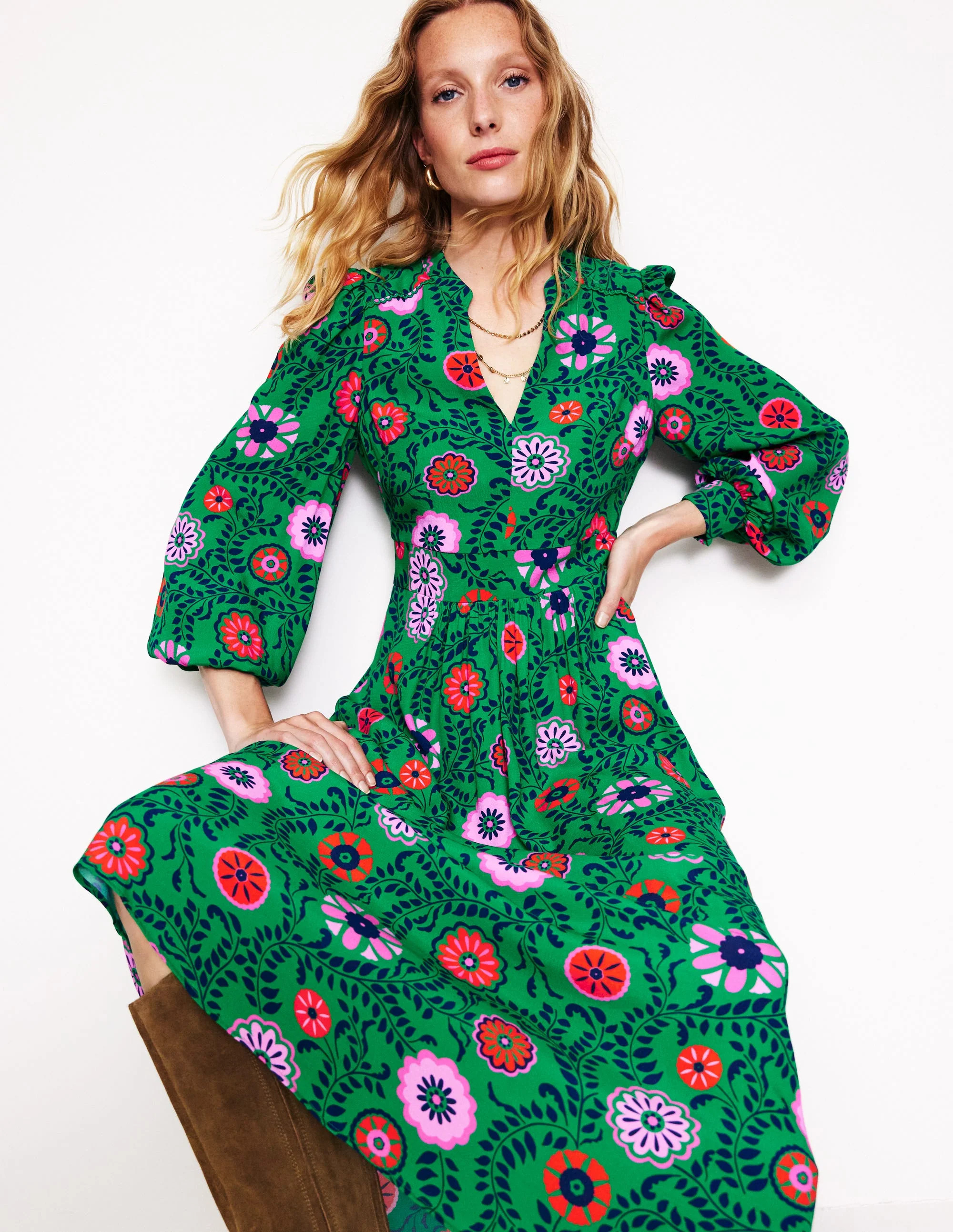 Zoe Trim Detail Midi Dress-Rich Emerald, Meadow Vine | Boden (US)