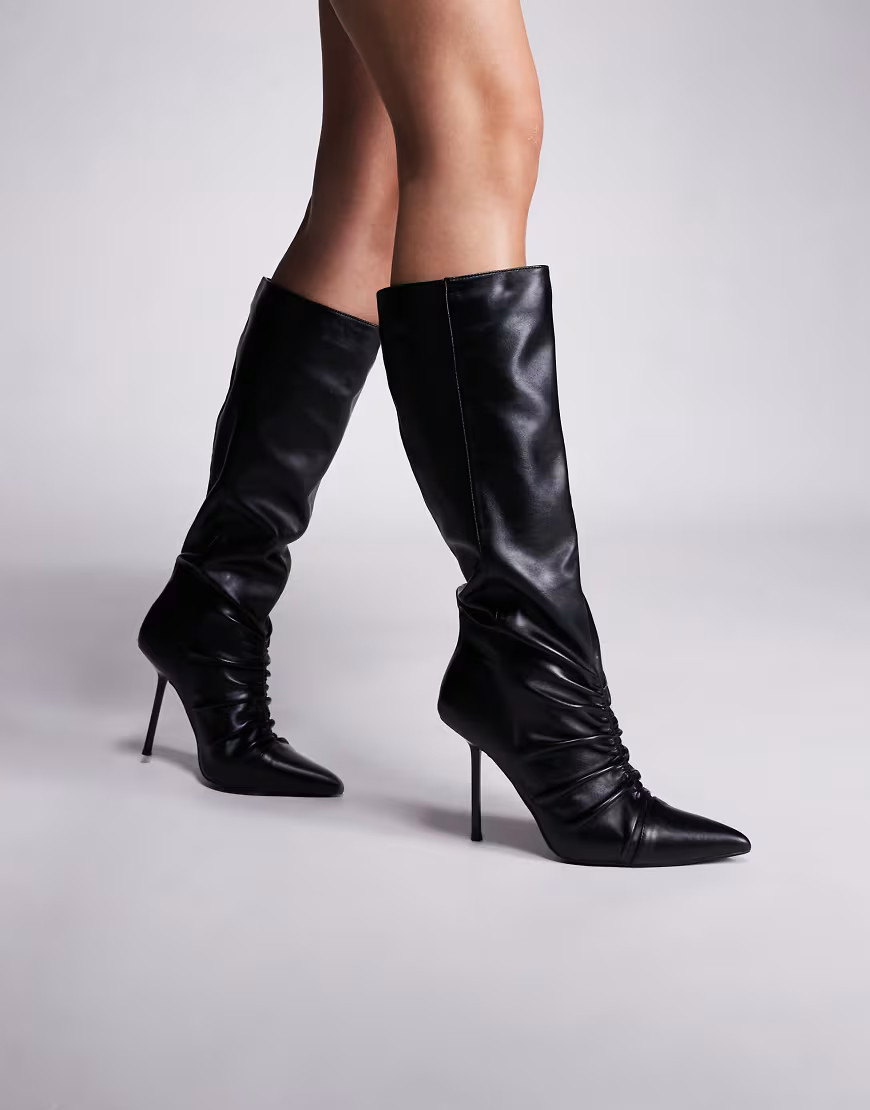 Public Desire Neila leather look pointed knee boots in black | ASOS (Global)