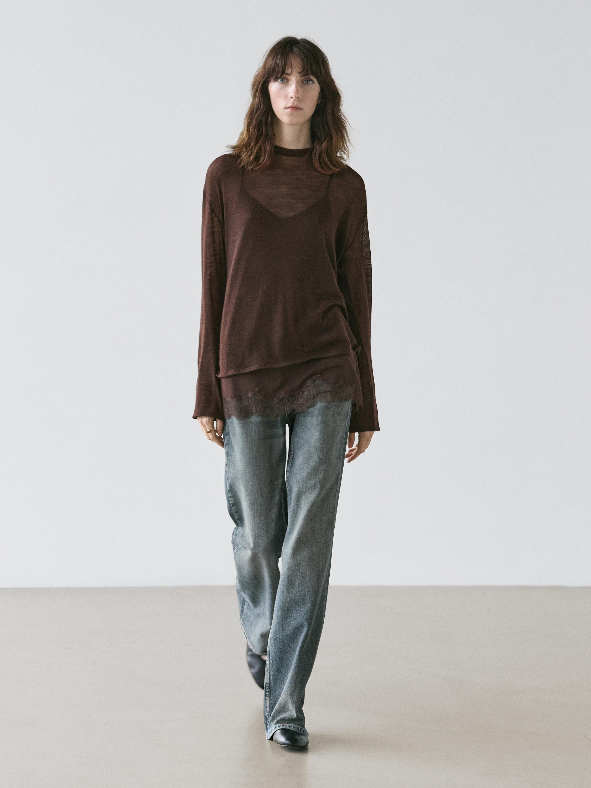 Long sleeve T-shirt with lace detail | Massimo Dutti UK