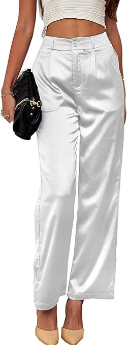 heipeiwa Women's Wide Leg Wedding Party Satin Casual Dress Nightout Pants Long Trouser | Amazon (US)