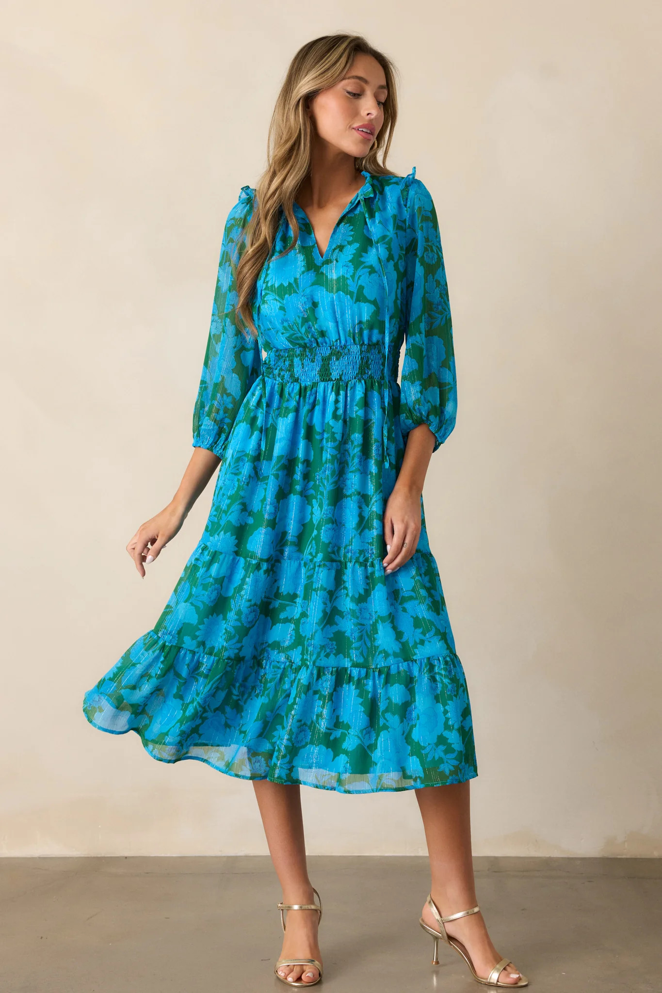 Rising Tides Blue Floral Long Sleeve Midi Dress | Red Dress