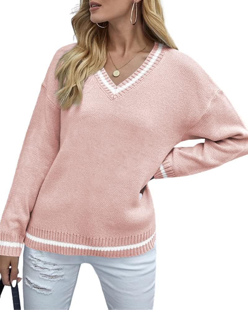 Amazon.com: Grlasen Sweaters for Women Fall Winter Pullover Knit Sweaters V Neck Cute Loose Casua... | Amazon (US)