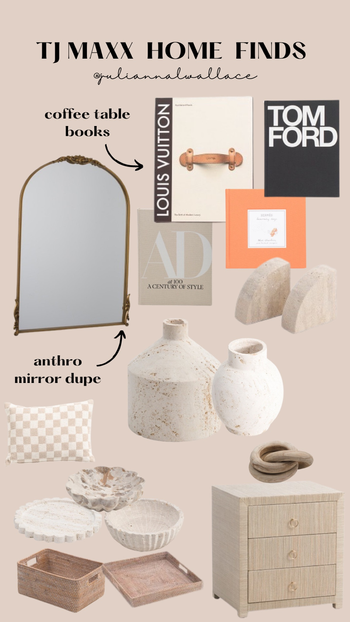 TjMaxx home finds 
Anthropologie mirror dupe
Coffee table books
Designer books
Marble tray
Marble vase 
Nightstand
Gingham throw pillow

#LTKMostLoved #LTKhome #LTKsalealert