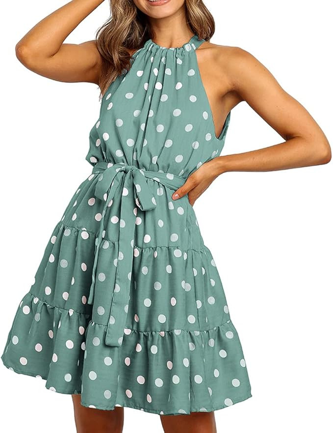 BAOBAOYU Women's Polka Dots Halter Neck Dress Sleeveless Tie Waist Casual Ruffle Mini Dresses | Amazon (US)